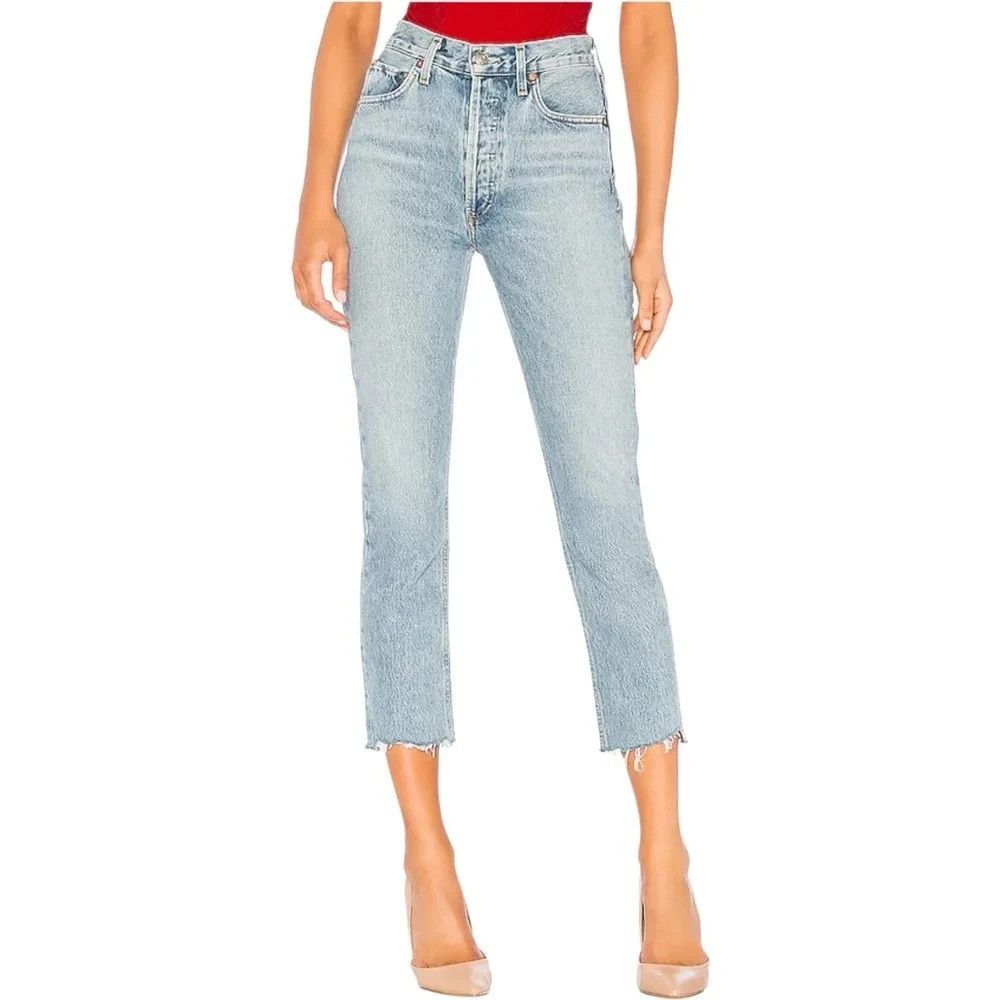 Agolde Riley High Rise Denim Distressed Raw Hem Jeans Button Fly Sz 28
